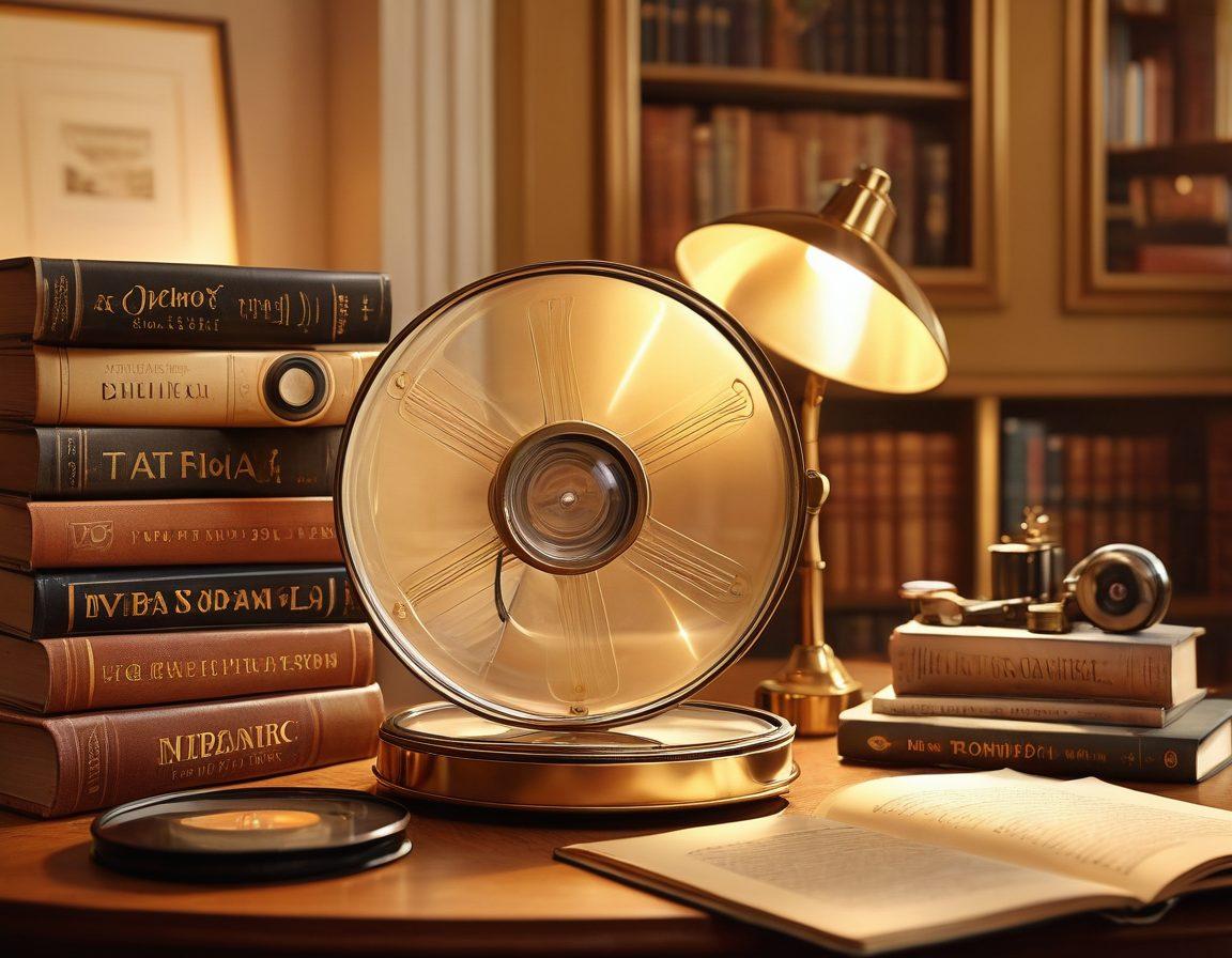 A sophisticated digital library filled with vintage film reels and elegant books on video themes, surrounded by soft golden lighting and an inviting aura. In the foreground, an artistically designed magnifying glass highlights a few iconic film titles. The atmosphere reflects maturity and quality, with a touch of nostalgia, showcasing the richness of the video content. super-realistic. warm tones. soft focus.
